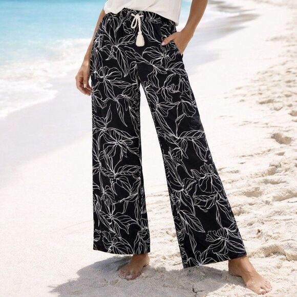 Calypso St. Barth Pants - Calypso St. Barth Navy White Linen Cotton Wide Leg Pants L Pull On Beach Resort